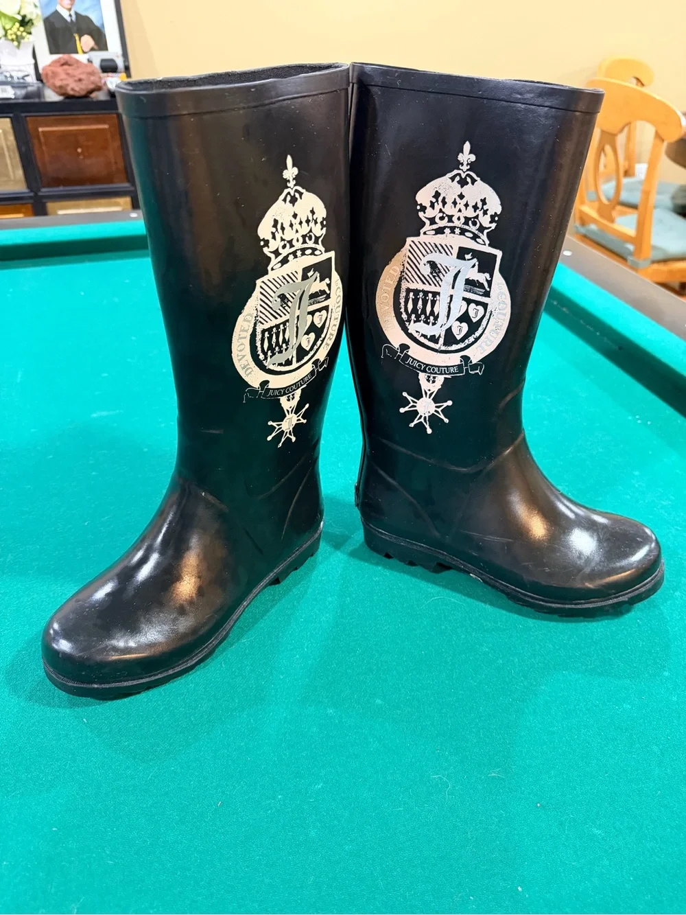 Juicy Couture Black Rain Boots with Tan Crest
